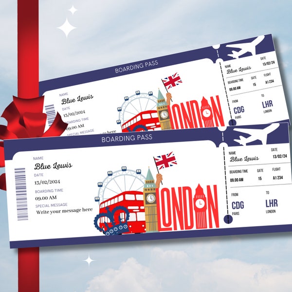 Billete de tarjeta de embarque sorpresa de Londres, billete de viaje a Inglaterra, plantilla editable, tarjeta de embarque de Canva, UK