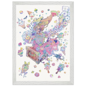 Surreales Anime Poster, Reisende in einem Pinken Kleid und Ihr Bonbon Parfüm – Gerahmtes Fantasy Gemälde