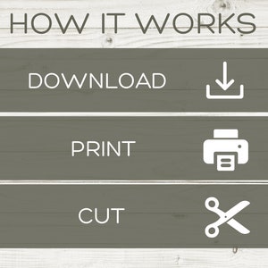 Puede incluir: C&oacute;mo funciona: Descarga, imprime y recorta el dise&ntilde;o. Se muestran tres pasos con iconos: una flecha de descarga, una impresora y unas tijeras.