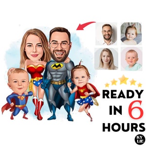 Benutzerdefiniertes Superhelden-Familien-Karikaturporträt, Familienporträt, Familiengeschenk, Superfamilien-Karikatur, Superheld-Karikatur, Karikatur vom Foto