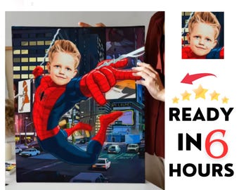 SuperHero Spiderman Kids Custom Portrait,Get Your Own Superhero Portrait from your photo,Personalized Superhero caricature,Digital File Only