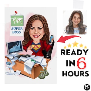 Retrato de caricatura de superjefa personalizada, retrato de jefa, regalos para jefa, caricatura de jefa, caricatura de jefa divertida