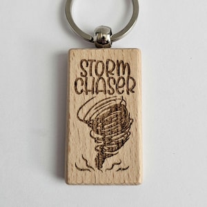 Laser Engraved Tornado Storm Chaser Keychain, Gift for Weather Meteorologist Storm Lover, Personalized Wood Twister Bag Tag or Key Accessory