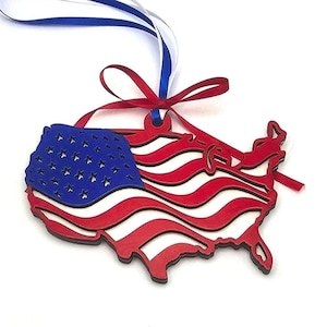Wooden American US Flag Ornament United States Ornament USA Military Veterans Days Gift Patriotic Décor Red White & Blue 4th of July Memento