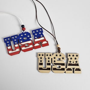 Patriotic USA Ornament, Red White Blue or Wood Finish, Dimensional Wooden Hanging Tag, Fourth of July Decor, Military Family Veteran Gift