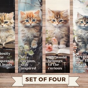 Motivierende Katze Lesezeichen mit Kuriosität Zitaten auf Aquarell Kunst von niedlichen Kätzchen, Geschenk für Katzenliebende Buchliebhaber, 4er Set