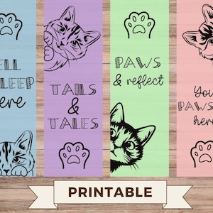 Divertidos marcadores de gatos imprimibles Punny, lindas frases de amantes de los gatos para tus aventuras de lectura, regalo perfecto para amantes de los gatos, juego de 4