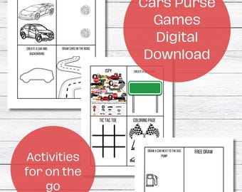 Può includere: Un download digitale di attività a tema auto. L'immagine mostra diverse pagine stampabili con pagine da colorare, suggerimenti per il disegno, un gioco I Spy e tris. Il testo sull'immagine include "Cars Purse Games Digital Download" e "Activities for on the go".