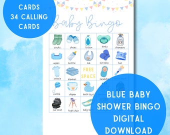 May include: Blue baby shower bingo card with 30 bingo cards and 34 calling cards. The card has a blue and white color scheme and features illustrations of baby items such as socks, shoes, lotion, binky, shampoo, wipes, bottle, bib, mittens, hat, onesie, blanket, swaddle, rattle, diaper, bath toys, car seat, high chair, and baby bath.