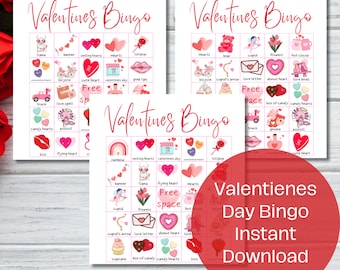 May include: Two printable Valentine's Day Bingo cards with a pink and red color scheme. The cards feature images of hearts, cupid, flowers, candy hearts, and other Valentine's Day themed items. The text "Valentines Bingo" is at the top of each card. The text "Free Space" is in the center of each card. The text "Valentienes Day Bingo Instant Download" is at the bottom of the image.