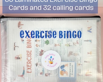 May include: A clear plastic zippered pouch containing 30 laminated exercise bingo cards and 32 calling cards. The pouch has a white background with the text "exercise Bingo" in blue letters. A round sticker with the text "party Perfect & Company" is visible on the pouch.