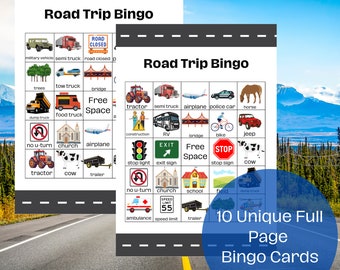 May include: Ten printable bingo cards with a road trip theme. Each card has a 5x5 grid with images of common road trip sights like a semi truck, airplane, police car, horse, cow, and a stop sign. The center square says "Free Space".