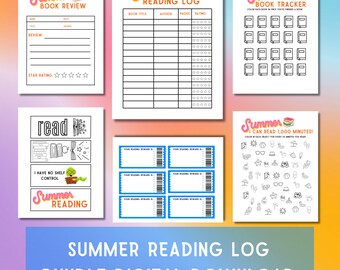 May include: A digital download bundle of printable summer reading logs for kids. The bundle includes a book review template, a reading log, a book tracker, a "read" chart, and a "1,000 minutes" reading challenge.