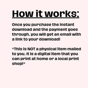 K&ouml;nnte beinhalten: Text, der erkl&auml;rt, wie digitale Downloads funktionieren. Es hei&szlig;t: "Sobald Sie den sofortigen Download gekauft haben und die Zahlung erfolgt ist, erhalten Sie eine E-Mail mit einem Link zu Ihrem Download! *Dies ist KEIN physischer Artikel, der Ihnen zugesandt wird. Es ist ein digitaler Artikel, den Sie zu Hause oder in einem lokalen Druckgesch&auml;ft ausdrucken k&ouml;nnen!*"