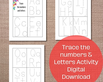 May include: Four white pages with dotted letters and numbers for tracing. The top left page has colorful letters and the text "Trace the numbers and letters." A red circle with the text "Trace the numbers & Letters Activity Digital Download" is in the image.