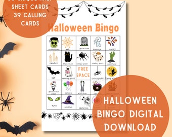 Può includere: Una scheda di bingo di Halloween stampabile con 30 schede uniche di mezza pagina e 39 schede di chiamata. La scheda presenta una varietà di immagini a tema Halloween, tra cui un fantasma, un ragno, una strega, un pipistrello, una zucca e un calderone. Il testo "Halloween Bingo Digital Download" è in fondo alla scheda.