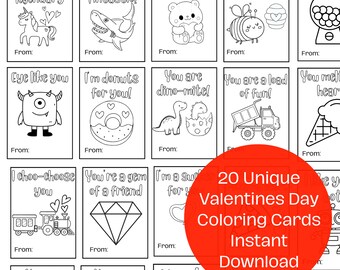 May include: Twenty unique black and white Valentine's Day coloring cards featuring various cute illustrations and messages. The cards are ready to be printed and colored.