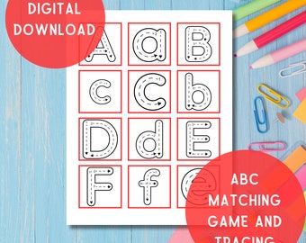 May include: Printable alphabet matching game and tracing activity for kids. The worksheet features uppercase and lowercase letters A through E with dotted lines for tracing.