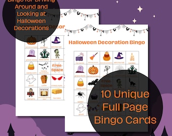 May include: Two Halloween Decoration Bingo cards with various themed images like pumpkins, witches hats, and ghosts. The cards are white with black text and illustrations, and the text reads "Halloween Decoration Bingo" and "10 Unique Full Page Bingo Cards."