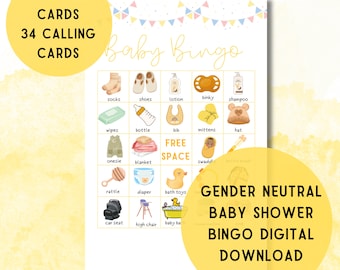 May include: A gender-neutral baby shower bingo game digital download. The bingo card features illustrations of baby items like socks, shoes, and a car seat. The image includes the text "30 Bingo Cards, 34 Calling Cards" and "Gender Neutral Baby Shower Bingo Digital Download."