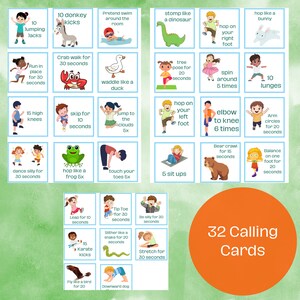 K&ouml;nnte beinhalten: Ein Satz von 32 bunten Anrufkarten mit Illustrationen von Kindern, die verschiedene &Uuml;bungen ausf&uuml;hren. Jede Karte zeigt einen Titel und Anweisungen f&uuml;r die &Uuml;bung, wie z. B. "10 Eseltritte" oder "H&uuml;pfe wie ein Frosch 5x".