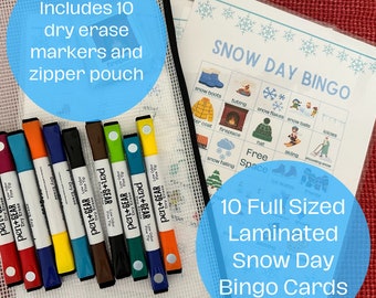 May include: A set of 10 full-sized laminated Snow Day Bingo cards with a zipper pouch and 10 dry erase markers. The cards feature winter-themed images like snow boots, snowballs, and snow falling. The text "Snow Day Bingo" is printed in large, bold letters at the top of the cards.