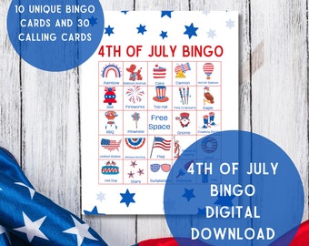 May include: A digital download of a 4th of July Bingo game. The game includes 10 unique bingo cards and 30 calling cards. The bingo card features patriotic images and the text "4th of July Bingo Digital Download."