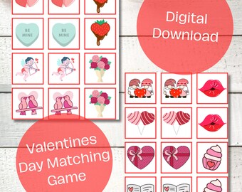 May include: Printable Valentine's Day matching game with 18 cards featuring images of hearts, strawberries, candy, flowers, gnomes, lips, balloons, gift boxes, cupcakes, and books.  The text "Digital Download" and "Valentines Day Matching Game" is included on the cards.