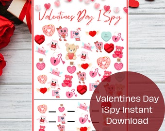 May include: A printable Valentine's Day I Spy game with a pink and white color scheme. The game features a variety of Valentine's Day themed images, including hearts, teddy bears, owls, and donuts. The game also includes a section for players to record their answers. The text "Valentines Day I Spy Instant Download" is printed on the bottom of the page.
