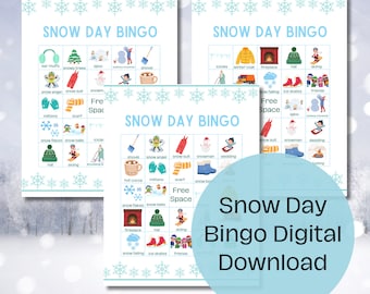 May include: Three printable bingo cards with a winter theme. Each card has a free space and 24 squares with images of winter activities and objects, such as snow angels, snowmen, sledding, and snowballs. The cards are blue and white with snowflakes in the background. The text "Snow Day Bingo" is at the top of each card. The text "Free Space" is in the center of each card. The text "Snow Day Bingo Digital Download" is at the bottom of the image.