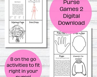 Op de afbeelding: Een digitale download van "Purse Games 2" met acht activiteiten voor onderweg. Bevat een woordzoeker, tekenactiviteiten, een doolhof en een kleurplaat. De tekst "8 on the go activities to fit right in your purse!" is ook zichtbaar.
