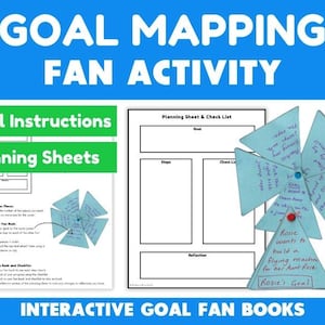 May include: A printable goal mapping fan activity for kids. The image shows a blue and white goal fan with the text "Rosie's Goal: Rosie wants to build a flying machine for her Aunt Rose." The image also shows a planning sheet with sections for goal, steps, check list, and reflection.