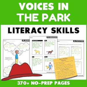 Könnte beinhalten: Lehrmittel mit dem Titel "VOICES IN THE PARK" und "LITERACY SKILLS". Das Bild zeigt Arbeitsblätter zu Inferenz, Zusammenfassung und Perspektive. Ein roter Hut ist im Vordergrund, mit dem Text "370+ NO-PREP PAGES".