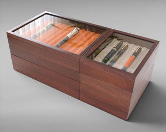 Handmade Stackable Solid Wood Fountain Pen Display Tray with Glass Lid | 12 Pen Wooden Organizer | Pen Display Case | NFP Design