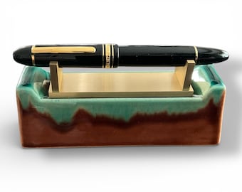 Pen Stand with Tile and Brass Details - Desk Organizer, Pen Display, Handcrafted Ceramic
