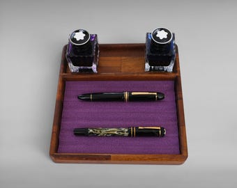 Wooden Pen Tray | 6 Slot Fountain Pen Holder with Ink Compartment | Handmade Solid Wood Desk Organizer | Luxury Pen Storage Gift