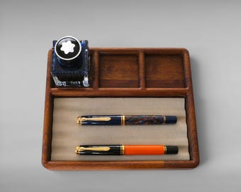 Handmade Wooden Pen Tray – 4 Slot Fountain Pen Organizer – Solid Wood Desk Accessory – Luxury Pen Holder for Collectors