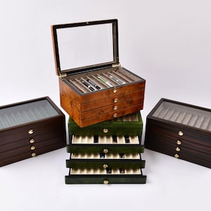 Fountain Pen Collection Storage Case,  Wooden Pen Box, Elegant Design, Alcantara Lining, and Transparent Window , Fathers Day Gift, 40 Pens