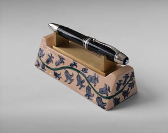 Pen Stand with Tile and Brass Details - Desk Organizer, Pen Display, Handcrafted Ceramic