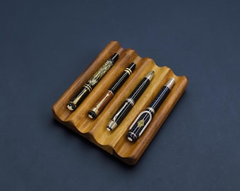 Handcrafted Wooden Pen Tray | 4 Slot Solid Wood Pen Holder | Fountain Pen Display Stand | Desk Organizer for Pen Collectors