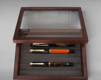 Handmade Stackable Solid Wood Fountain Pen Display Tray with Glass Lid | 6 Pen Wooden Organizer | Pen Display Case | NFP Design