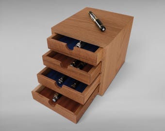 Solid Oak Fountain Pen Storage Chest, 24-Pen Organizer with 4 Drawers,CUBE