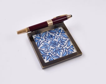 Pen Holder,Handcrafted Tile Art Brass Pen Holder , Desk Organizer