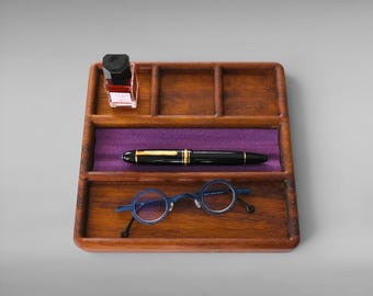 Handmade Wooden Desk Organizer for Fountain Pens | Solid Wood Pen Tray with Ink & Accessories Slot |  Minimal Luxury Desk Setup