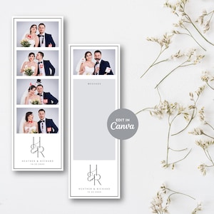 Könnte beinhalten: Eine weiße Fotobooth-Streifenvorlage mit vier Fotoslots, einem Nachrichtenbereich und Platz für eine personalisierte Nachricht. Die Vorlage zeigt ein schwarz-weißes Monogramm mit den Initialen "H&R" und dem Text "Heather & Richard 12.23.2023". Die Vorlage ist für die Verwendung mit einer Fotobox konzipiert und kann in Canva bearbeitet werden.