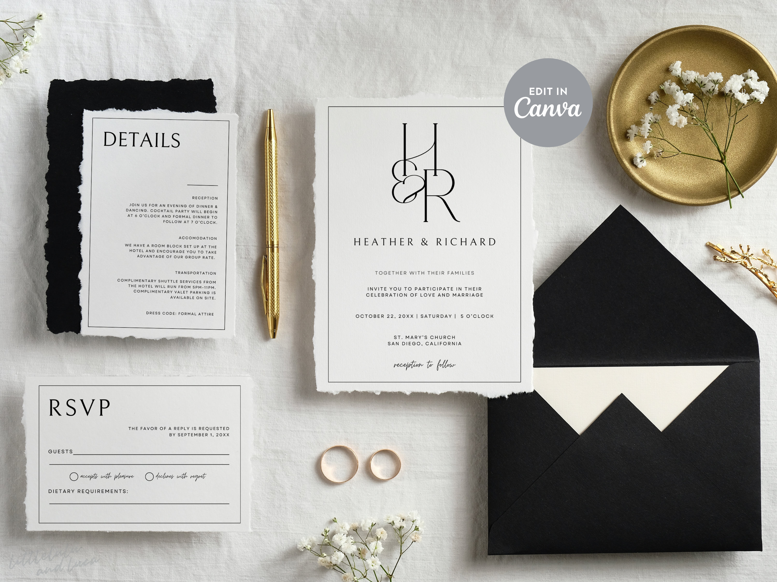 Minimalist Black, White, Gold Wedding Invitation Template Set, Bold ...