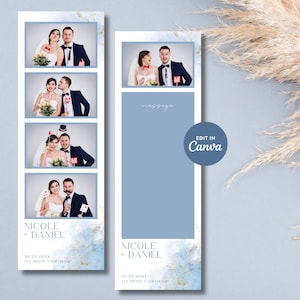 Minimalist Photo Strip Photo Booth Template in Dusty Blue and Gold Watercolor, 2x6 Photo Frame, 100% Canva Editable, Powder Blue Watercolor
