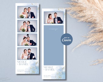 Minimalist Photo Strip Photo Booth Template in Dusty Blue and Gold Watercolor, 2x6 Photo Frame, 100% Canva Editable, Powder Blue Watercolor