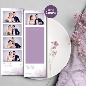 May include: Purple and white photo booth strip template with gold glitter accents. The template has four photo slots and space for the couple's names, wedding date, and location. The text reads "Nicole & Daniel" and "10.22.20XX San Diego, California".