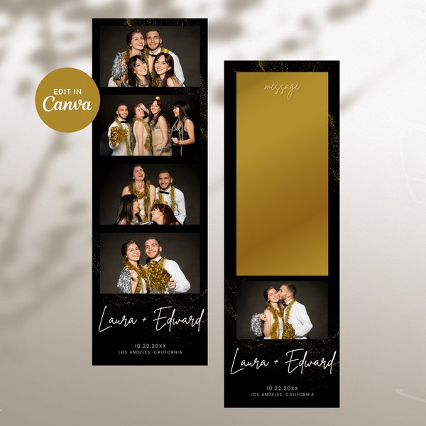 Minimalist Photo Strip Photo Booth Template in Black, White and Gold Glitter, 2x6 Photo Frame, 100% Canva Editable